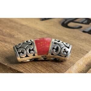 Vintage Sterling Silver Red Stone Curved Tube Filigree Boho artisan jewelry